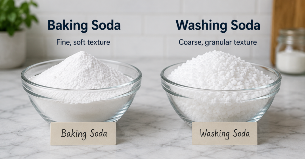 baking soda and washing soda side by side showing different textures.
