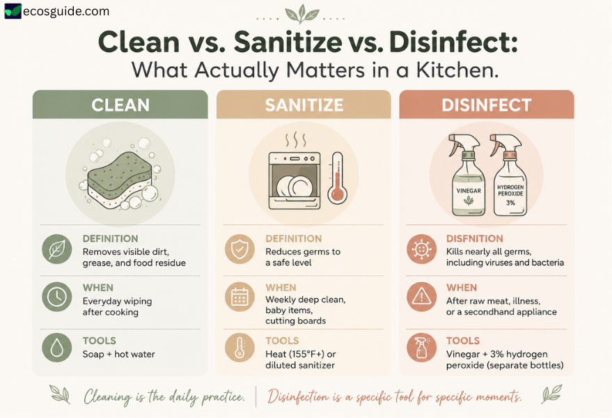 Table showing when to clean, sanitize, or disinfect kitchen appliances
