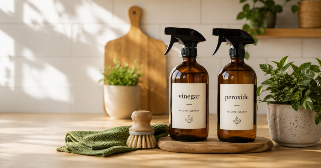 Amber glass spray bottles of vinegar and 3% hydrogen peroxide for eco kitchen disinfection