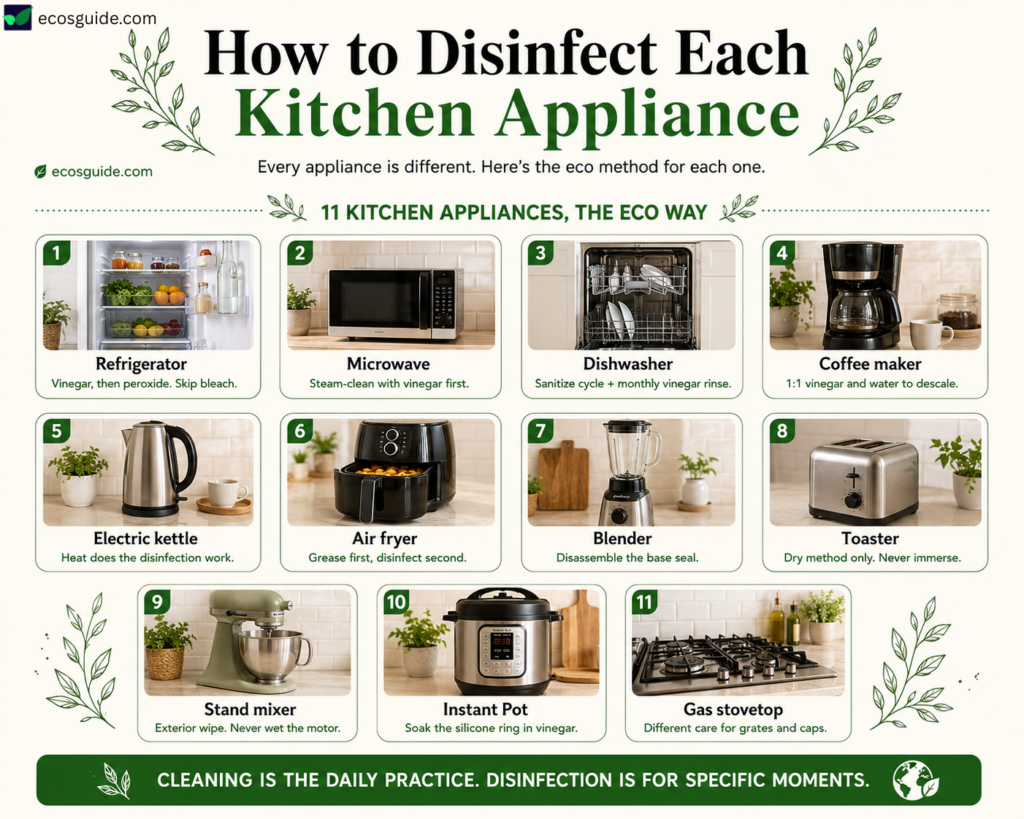 Grid of kitchen appliances covered in the eco disinfection guide
