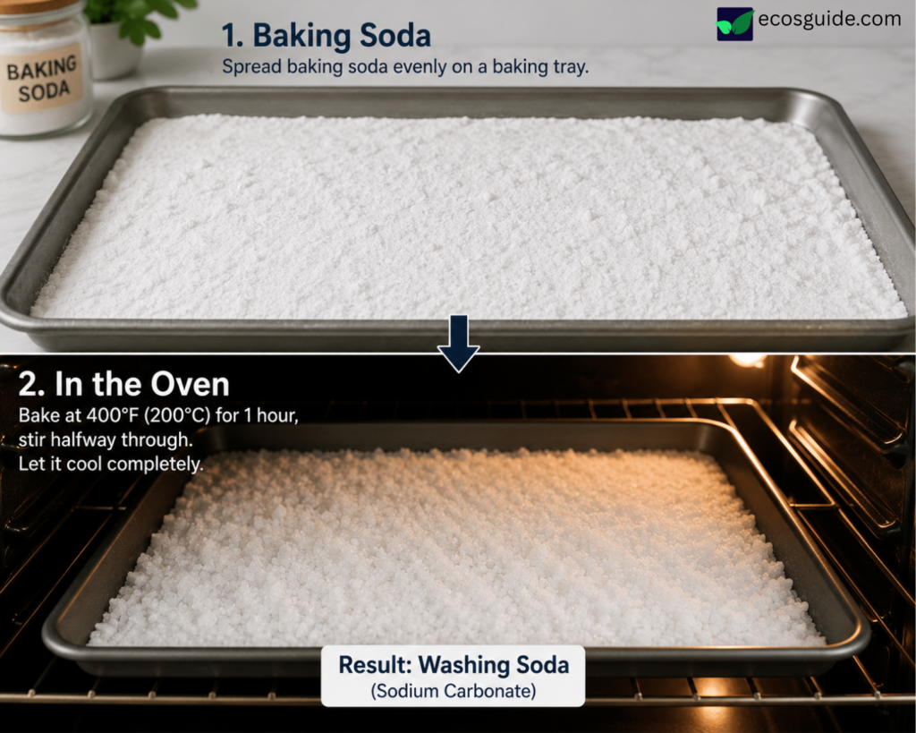 baking soda spread on a tray to bake into washing soda.