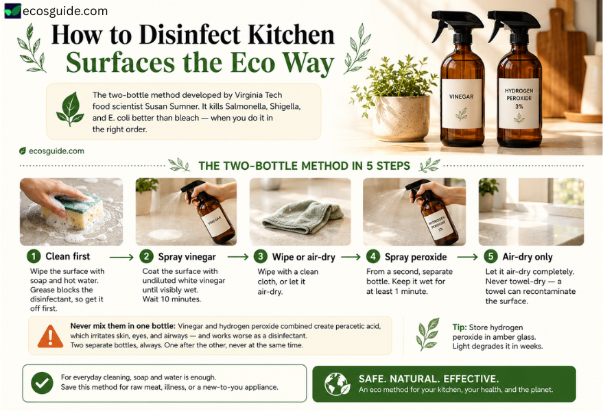 Four-step process for disinfecting kitchen surfaces with vinegar and hydrogen peroxide