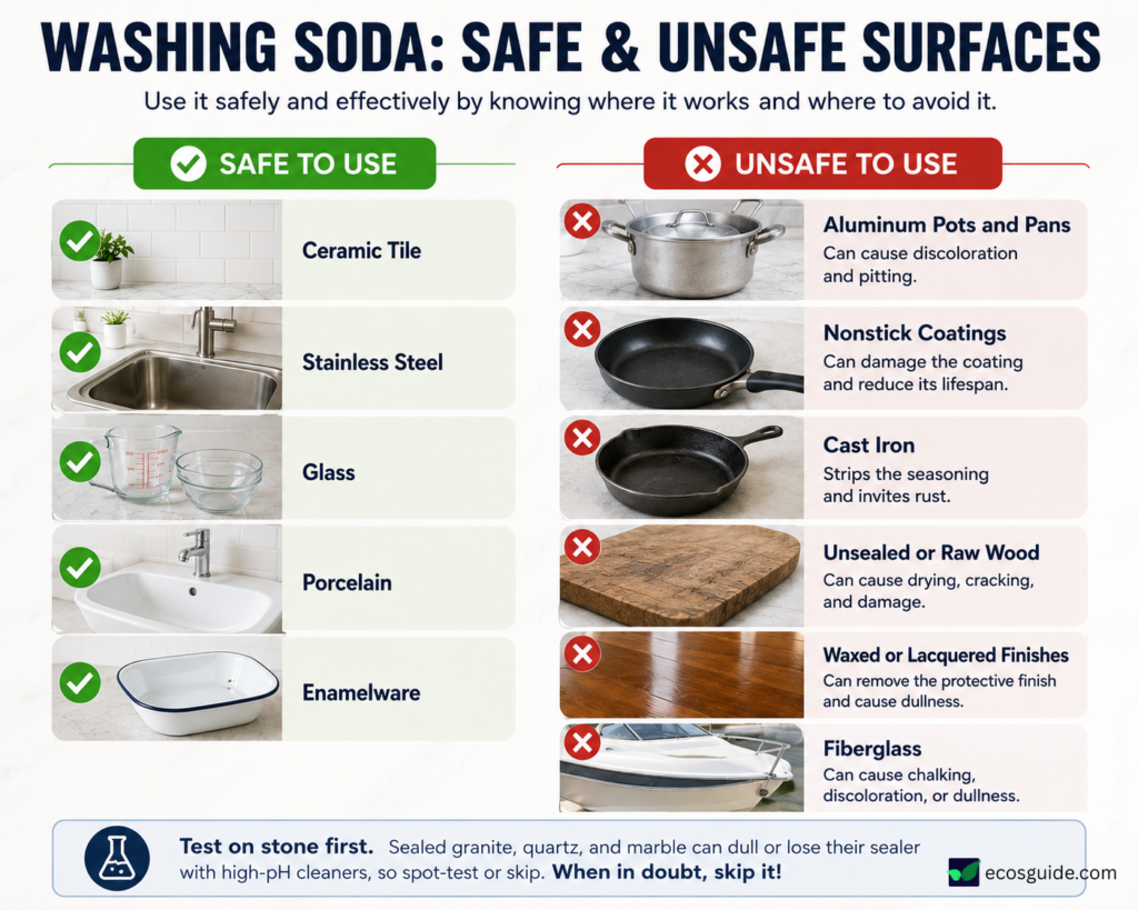 Infographic showing surfaces that are safe and unsafe to clean with washing soda. Is baking soda the same as washing soda.