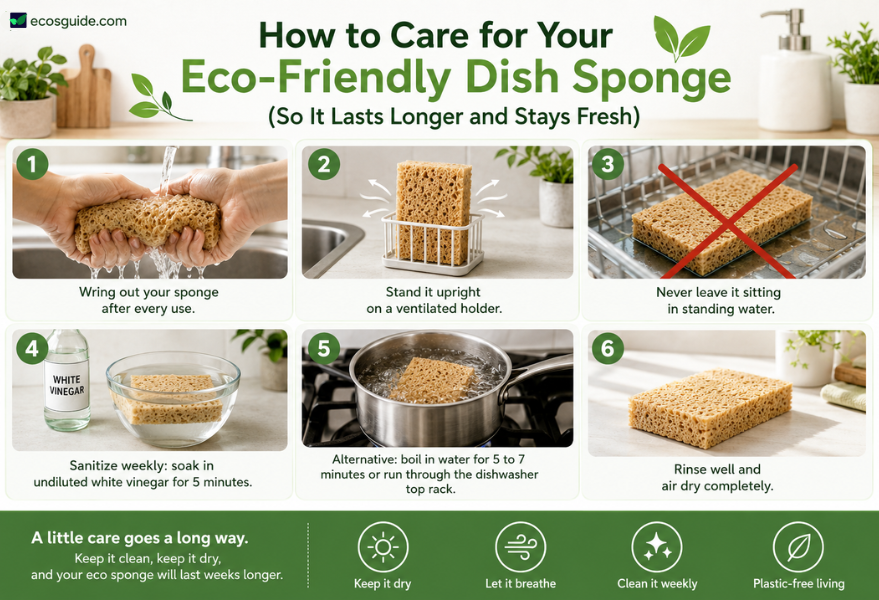 natural dish sponge drying on a ventilated holder in kitchen 