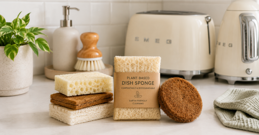 eco-friendly dish sponges made from natural plant-based materials on a kitchen counter near appliances