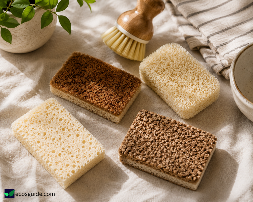 types of eco-friendly dish sponges including cellulose coconut coir loofah and walnut shell 