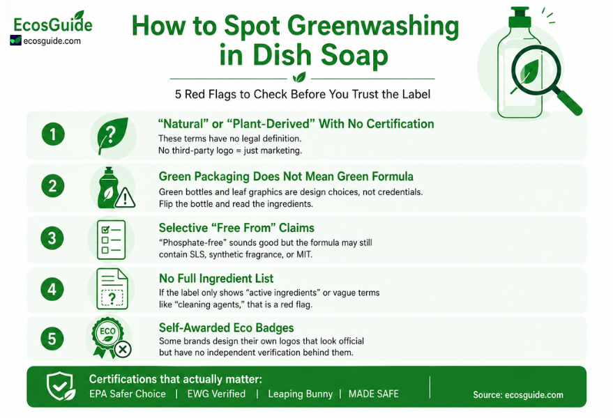 Infographic showing 5 greenwashing red flags to check on dish soap labels including fake eco claims, green packaging tricks, and self-awarded badges