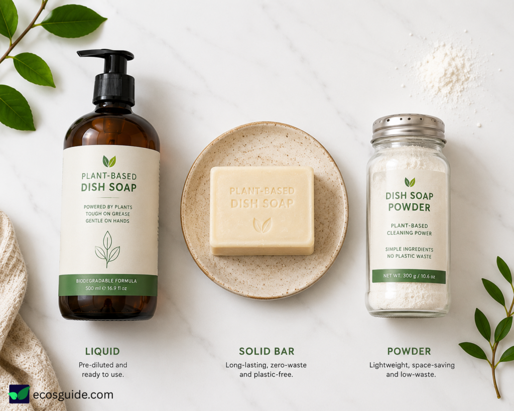 eco dish soap formats liquid bar powder comparison