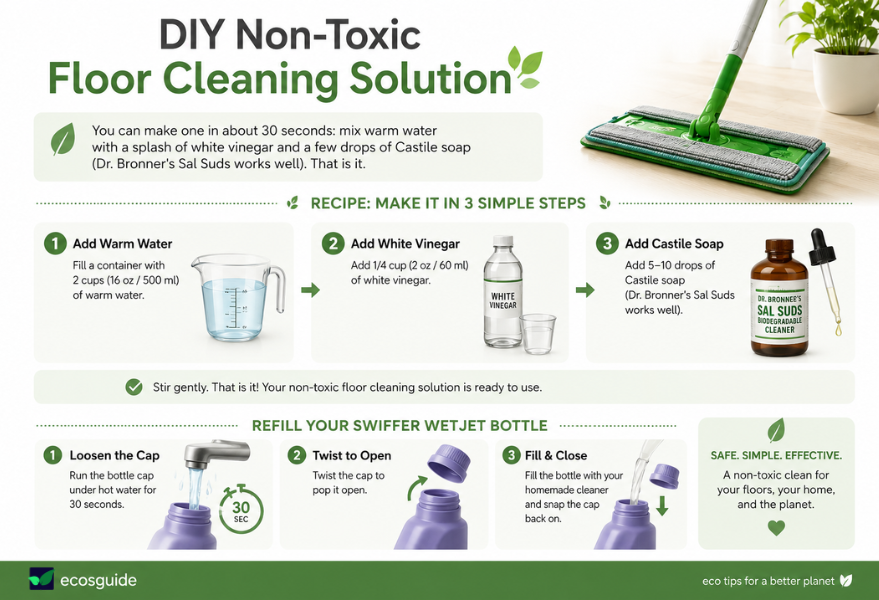 Infographic showing a DIY non-toxic floor cleaning solution recipe using warm water, white vinegar, and Castile soap, plus step-by-step instructions for refilling a Swiffer WetJet bottle with homemade cleaner. 
