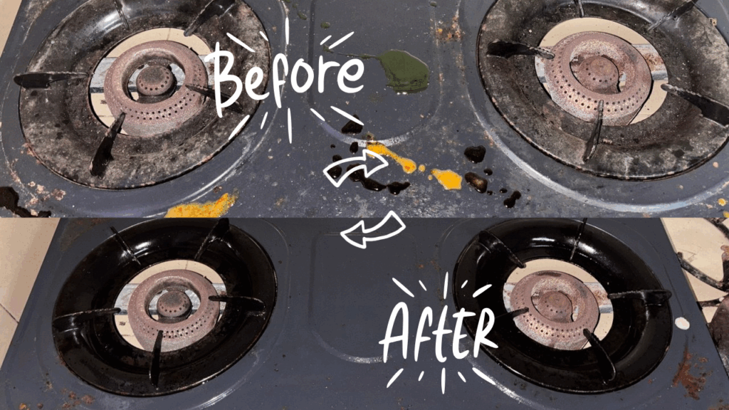 Before and after cleaning a gas stove top with natural products