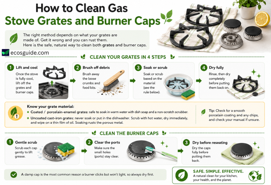 Infographic showing how to clean gas stove grates and burner caps, including the cast-iron versus coated grate rule and steps to keep burner ports clear 