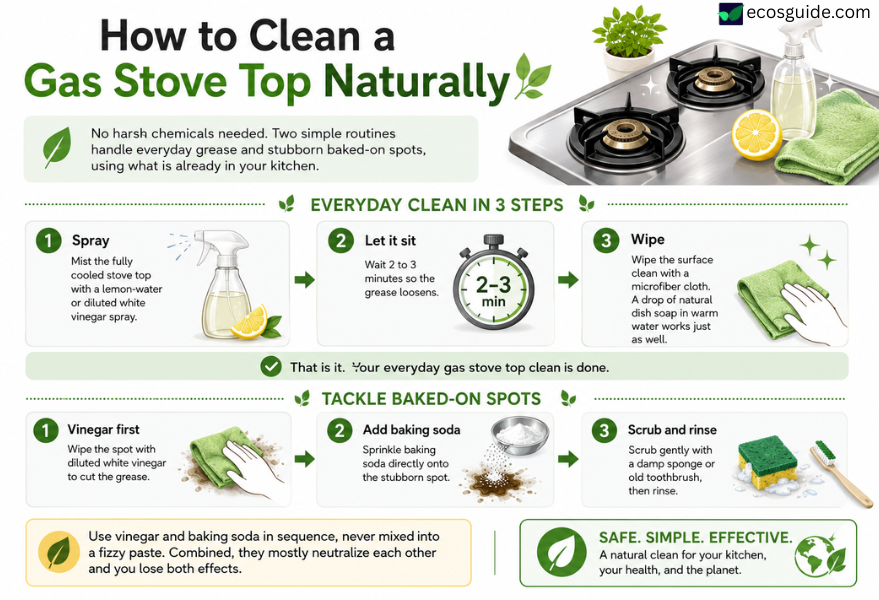 Infographic showing how to clean a gas stove top naturally in six steps, with an everyday lemon-vinegar spray routine and a baking soda method for baked-on spots 