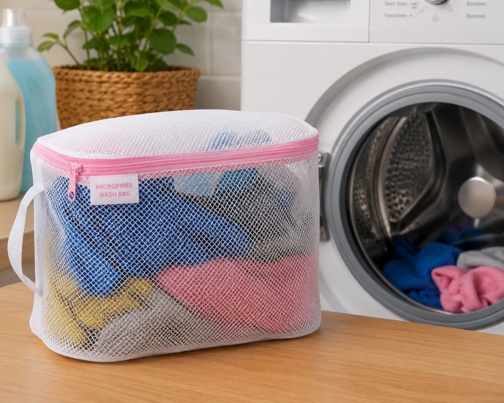 Microfiber wash bag that catches plastic fibers in the laundry
