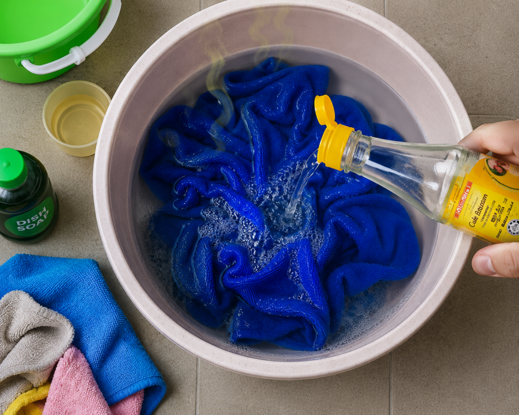 Soaking a smelly microfiber cloth in white vinegar to remove odor naturally