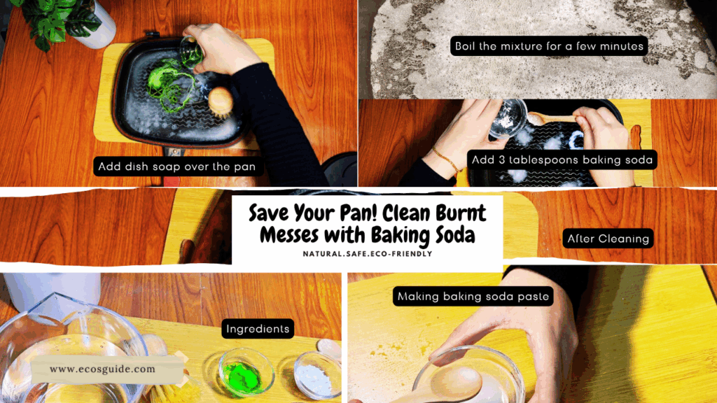 Step by step cleaning a burnt pan with baking soda paste