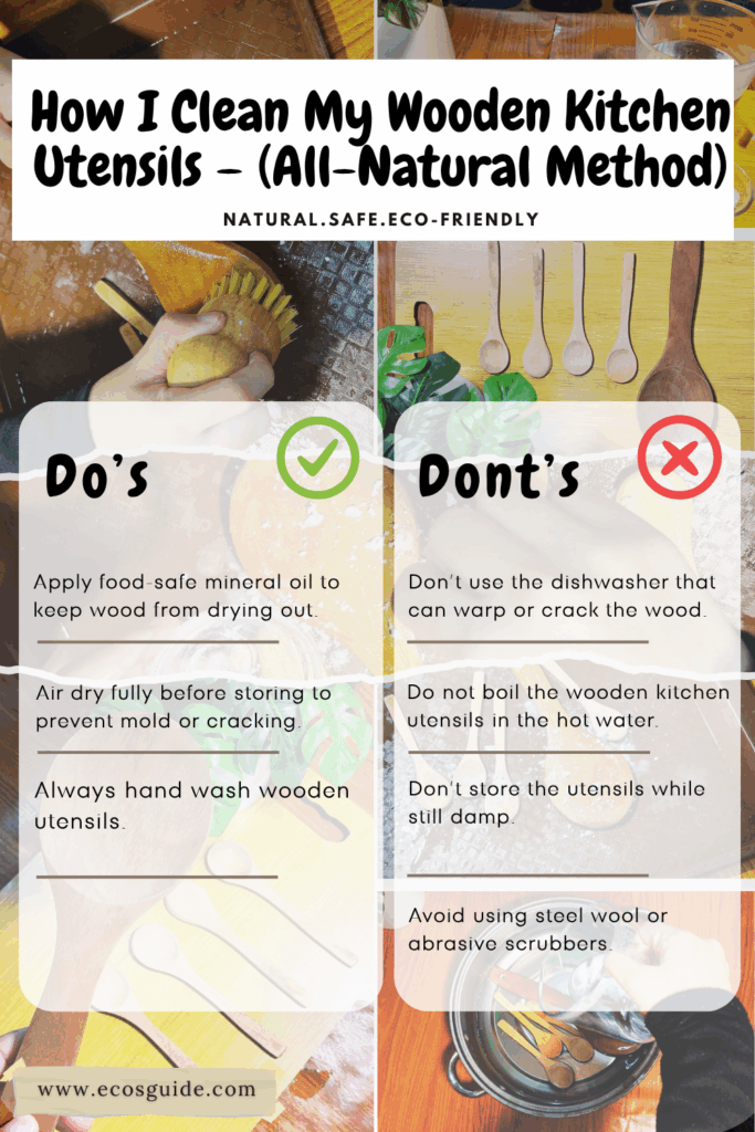 Natural cleaning tips for wooden kitchen utensils, including do’s and don’ts with eco-friendly visuals.