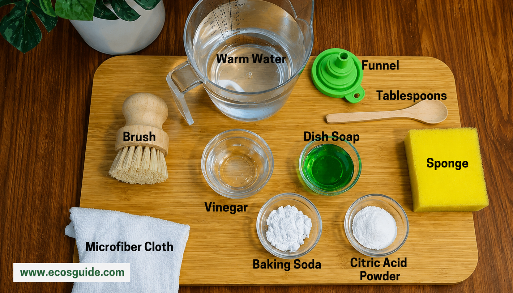 Natural ingredients to clean a stainless steel kettle: vinegar, baking soda, brush, microfiber cloth 