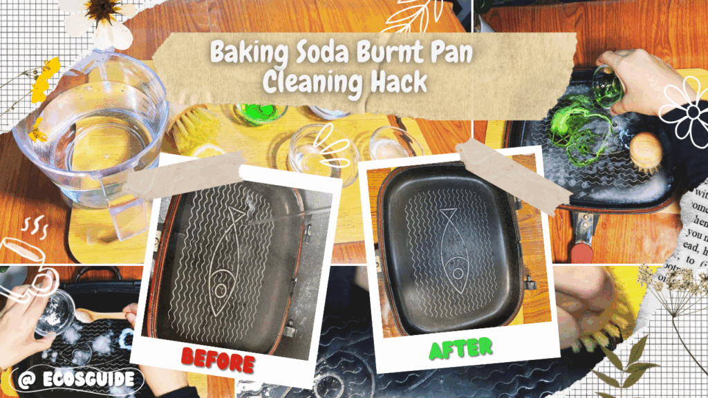 Burnt pan before and after cleaning with baking soda