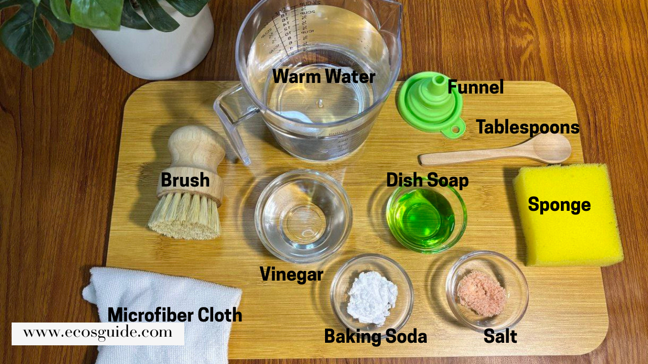 Supplies used to clean kettle Brush, sponge, baking soda, salt, dish soap, and other cleaning items on wooden board. This is the ingredients used for on how to clean stainless steel kettle