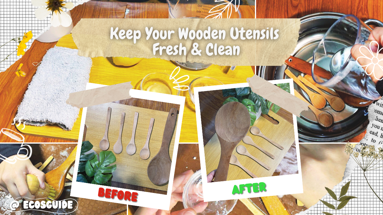 Before-and-after view of wooden spoons cleaned using a natural method with clear improvement in appearance.
