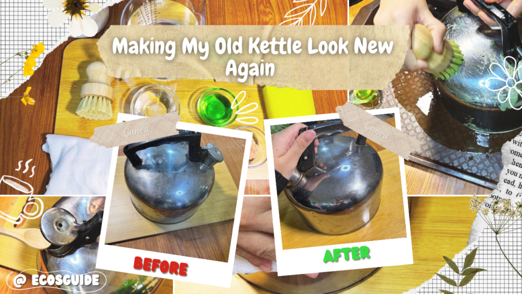 Stainless steel kettle before and after natural cleaning 