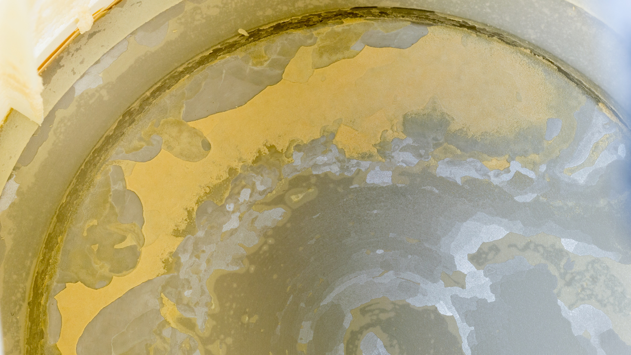 Severe Limescale Inside Kettle Heavy limescale buildup coating the interior of a stainless steel kettle.