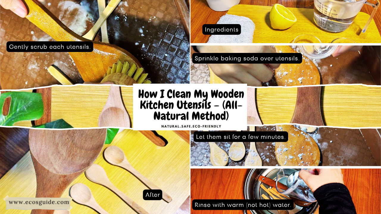 Step-by-step collage showing how to clean wooden kitchen utensils using lemon juice, baking soda, and gentle scrubbing.