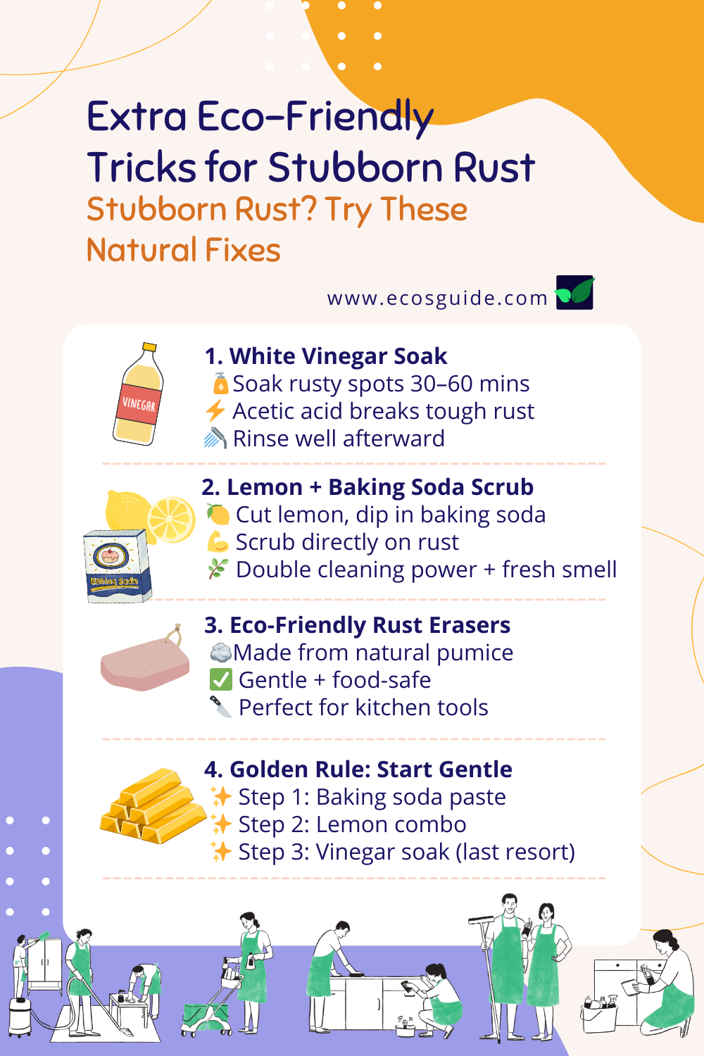 Natural rust removal tips using vinegar, lemon, baking soda, and pumice.
