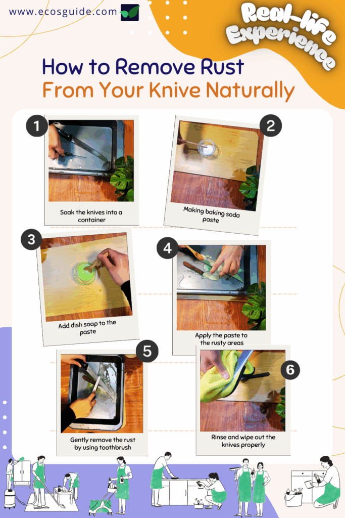 Step-by-step guide showing natural method to remove rust from knives.