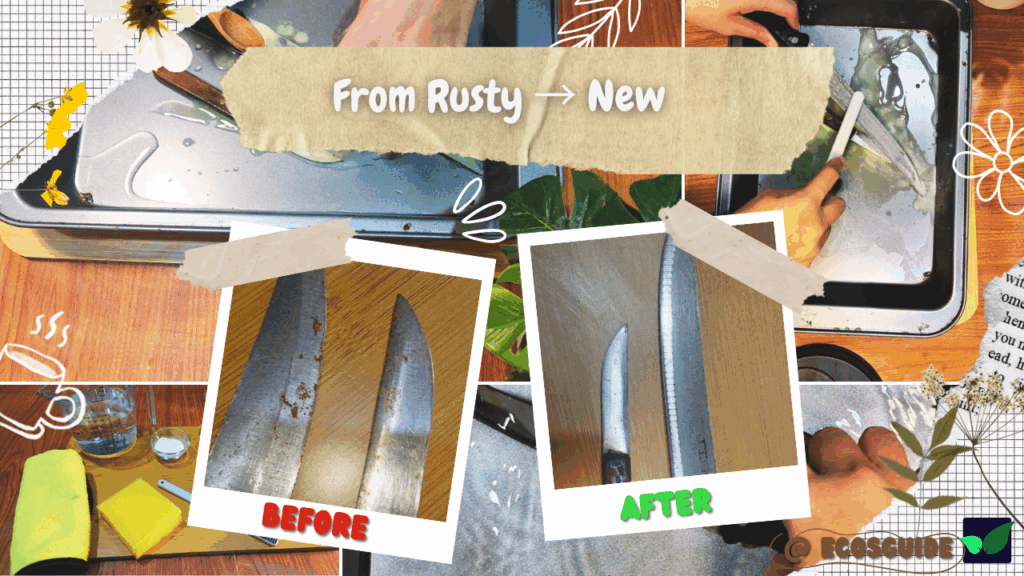 Before and after removing rust from kitchen knives with baking soda