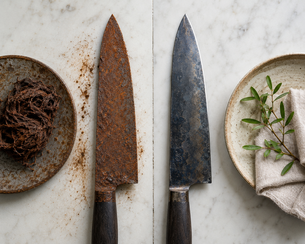 Rust versus patina on a carbon steel knife: orange flaky rust compared to a stable grey-black patina
