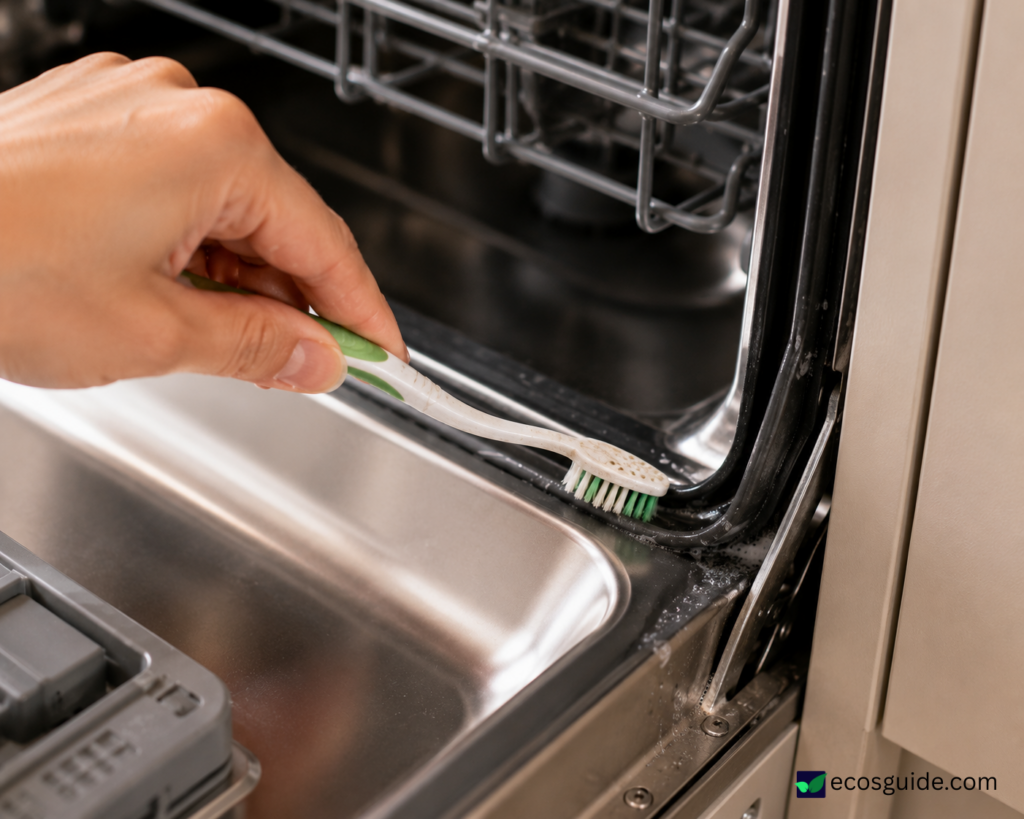Cleaning the rubber door seal of a dishwasher with an old toothbrush and vinegar solution
