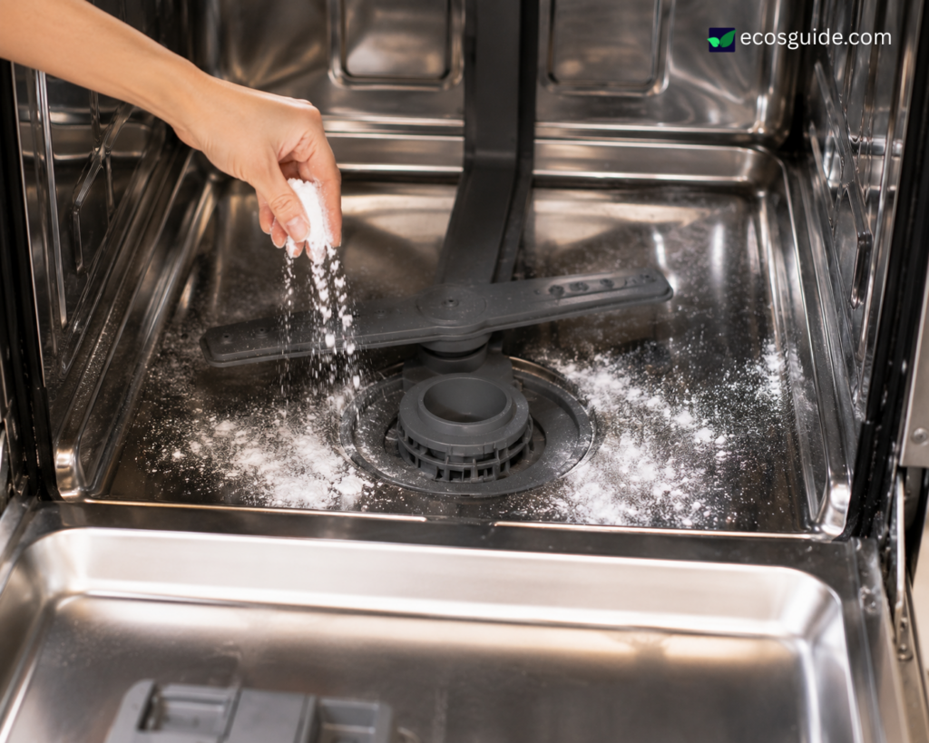 Hand sprinkling baking soda across the bottom of an empty dishwasher for a deep-clean cycle