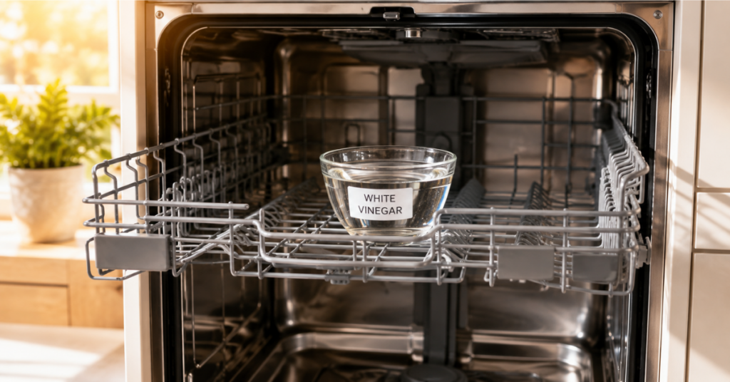 Glass bowl of white vinegar placed on the top rack of an empty dishwasher for a cleaning cycle