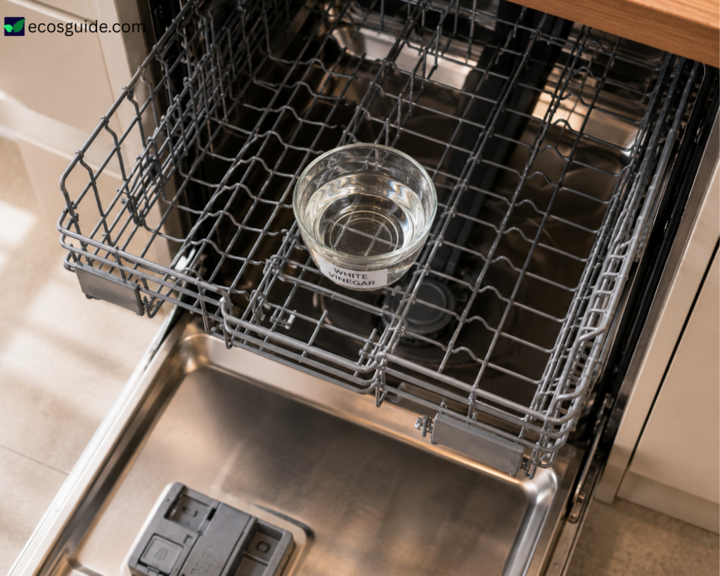 Overhead view of a bowl of distilled white vinegar sitting on a dishwasher top rack