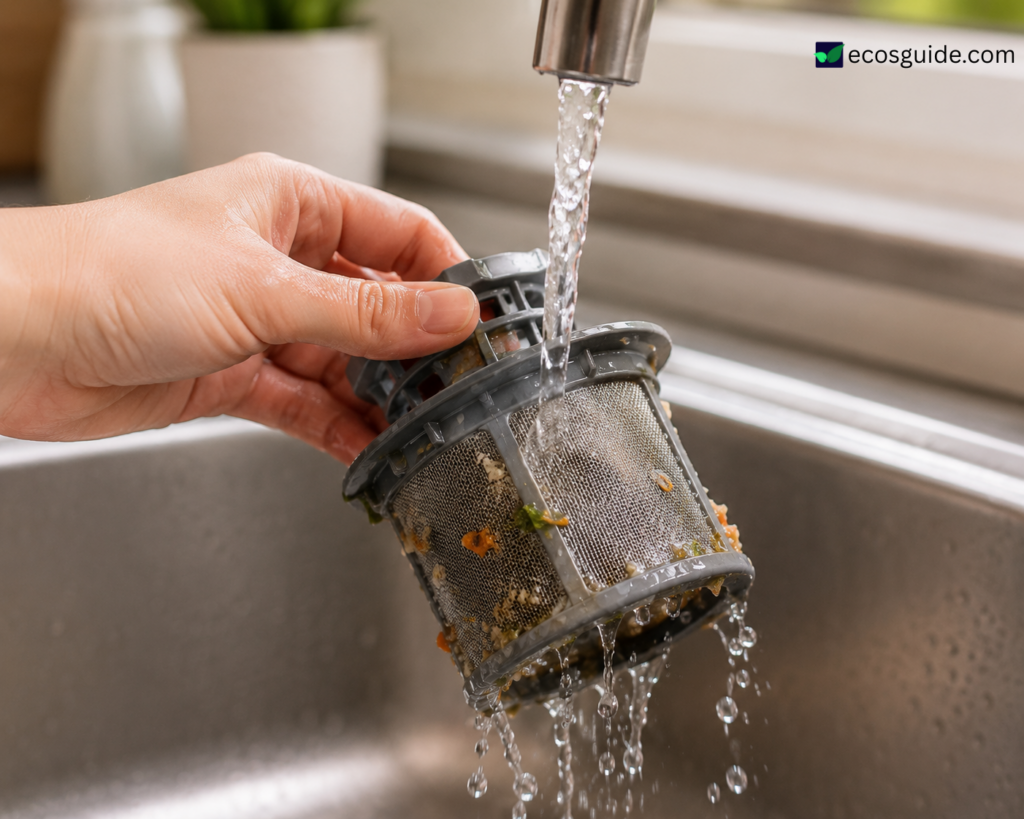 Hand rinsing a dishwasher filter under warm running water to remove trapped food particles