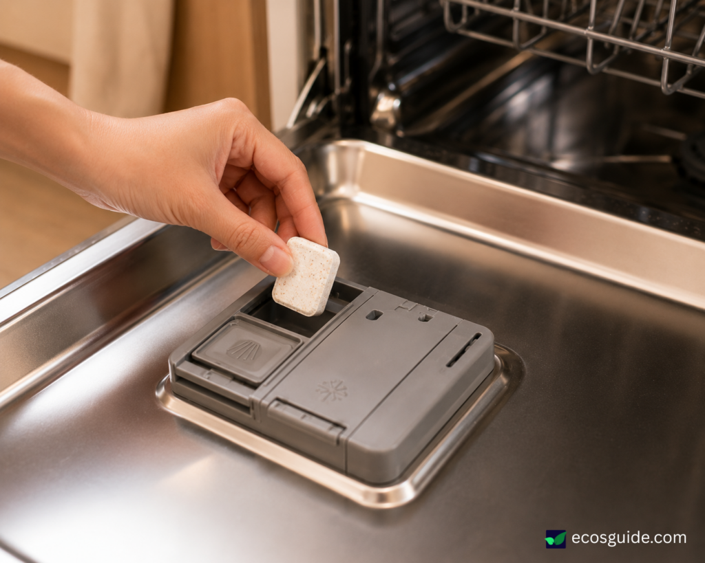 Naked dishwasher detergent tablet placed in the detergent compartment of an empty dishwasher