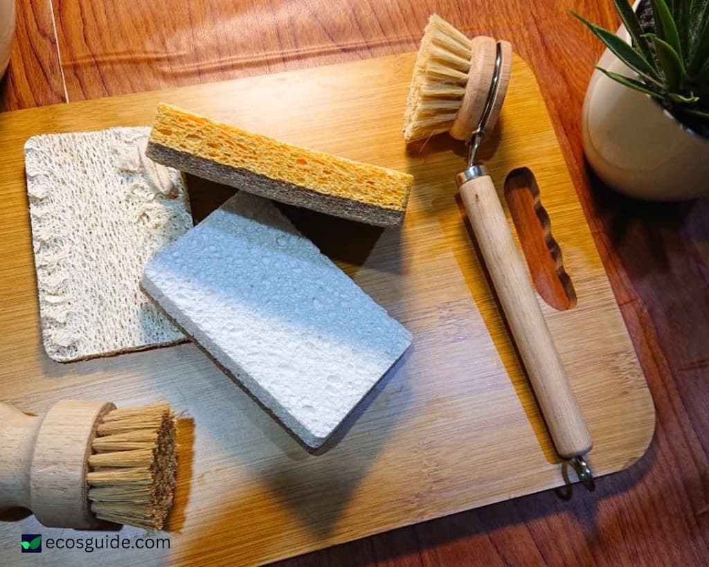 Loofah, cellulose sponge, and wooden dish brushes for zero waste dishwashing