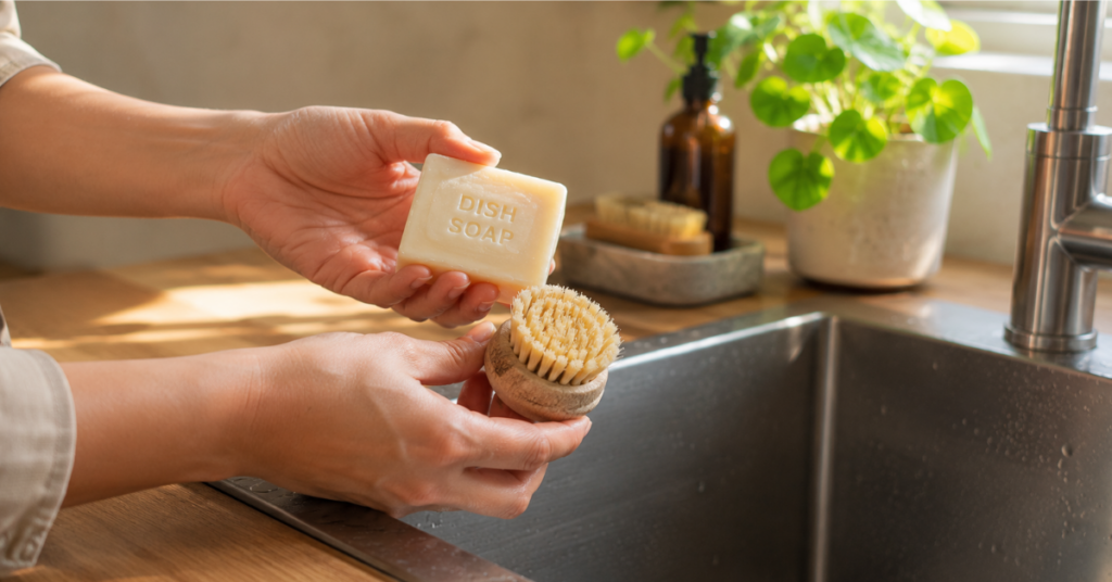 Zero waste dishwashing setup with dish soap bar and wooden brush on a kitchen sink