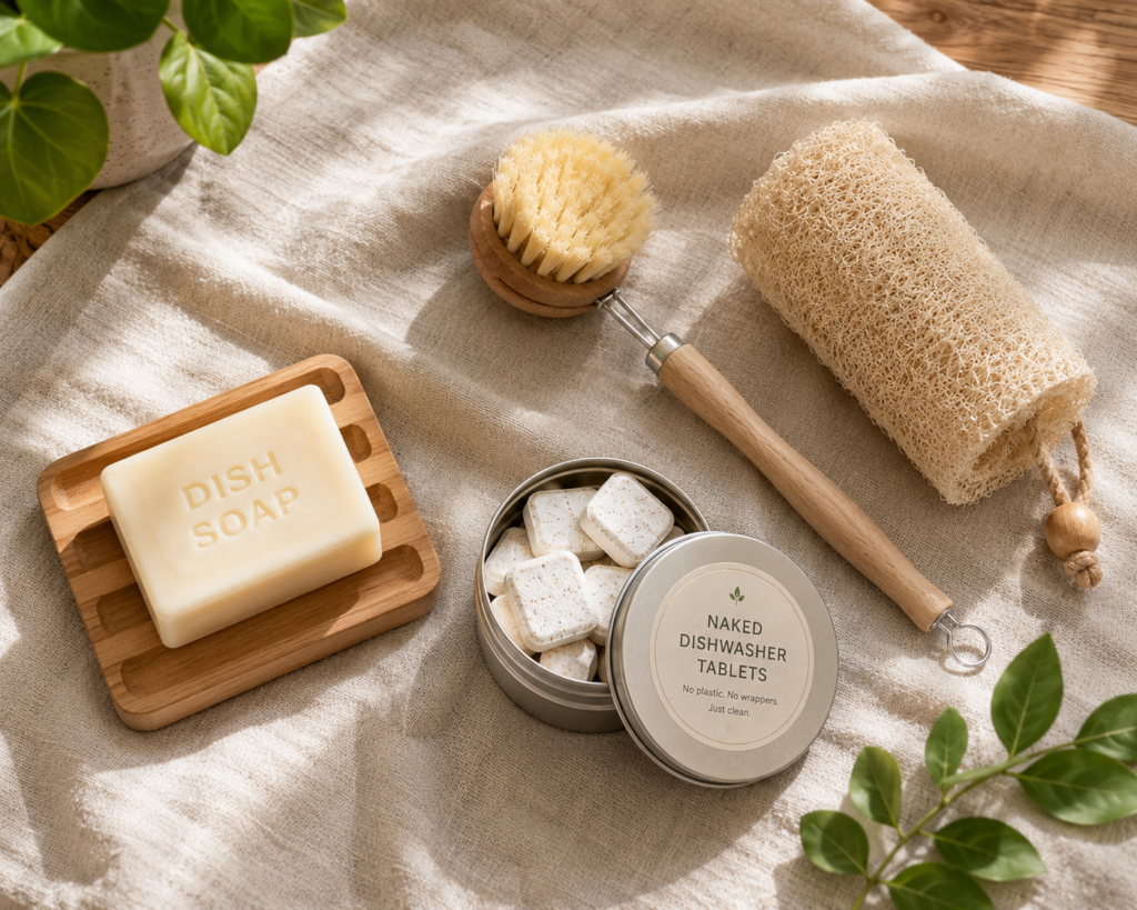 Flat lay of zero waste dishwashing products including dish soap bar, wooden brush, loofah scrubber, and naked dishwasher tablets