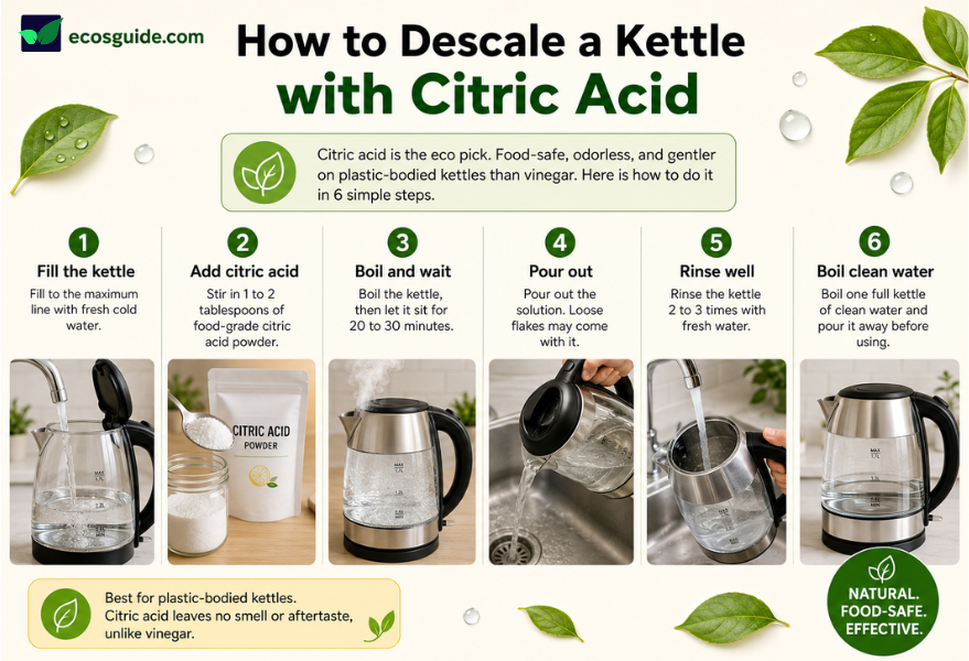 Step-by-step infographic showing how to descale an electric kettle with food-grade citric acid in 6 steps: fill, add citric acid, boil and wait 20 minutes, pour out, rinse, then boil clean water. 