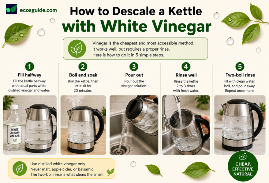 Step-by-step infographic showing how to descale an electric kettle with white distilled vinegar in 5 steps: fill halfway with equal parts vinegar and water, boil and soak, pour out, rinse, and finish with a two-boil rinse to clear the smell. 