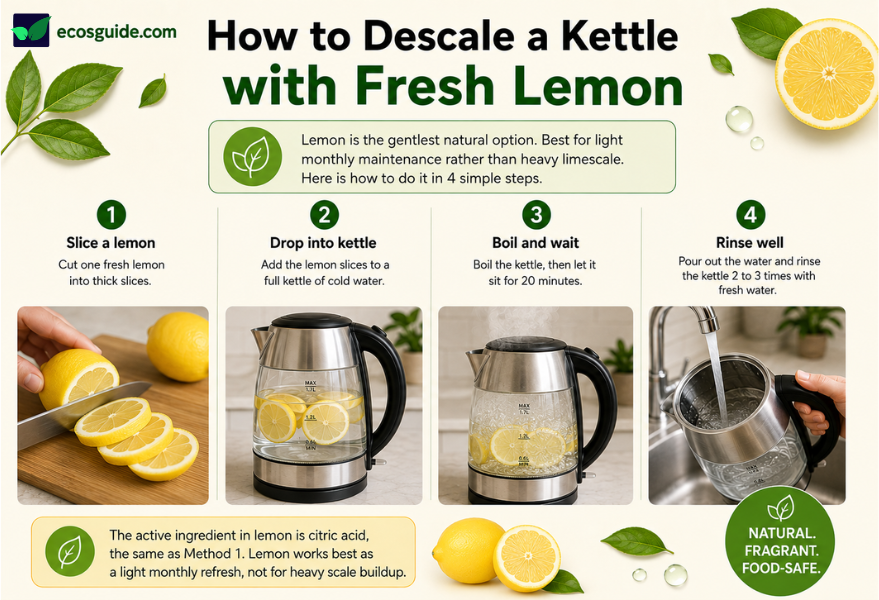 Step-by-step infographic showing how to descale an electric kettle with fresh lemon in 4 steps: slice a lemon, drop the slices into a full kettle, boil and wait 20 minutes, then rinse well. 