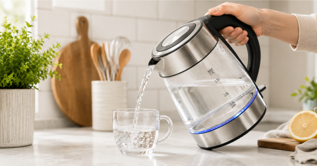 stainless steel electric kettle without plastic on a kitchen counter, answering are plastic kettles safe