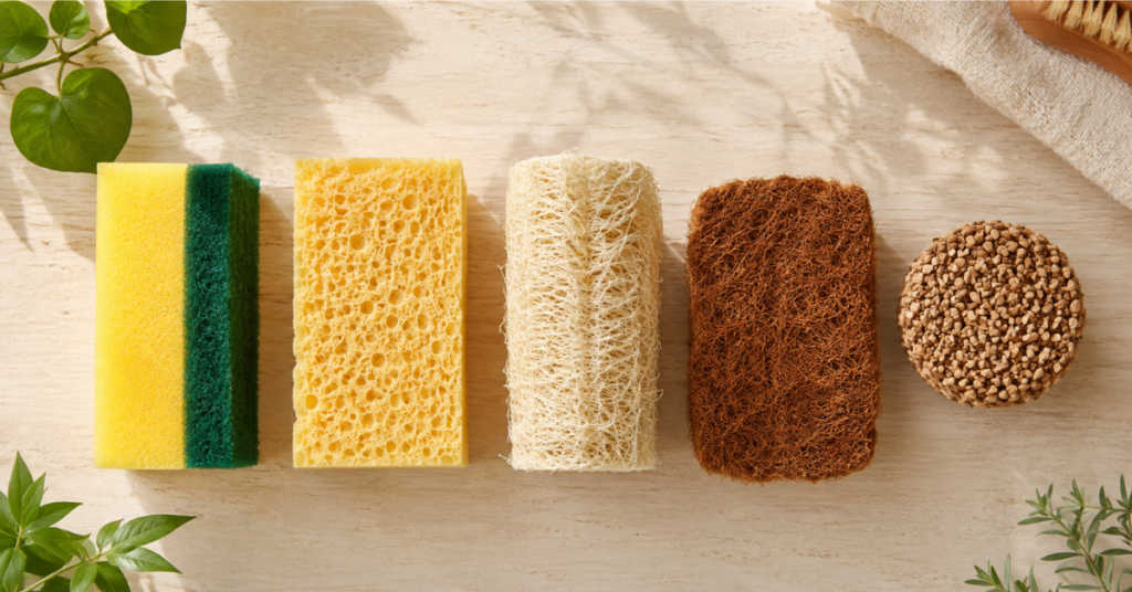 Different types of kitchen sponges compared, yellow-green synthetic, cellulose, loofah, coconut coir, and walnut shell