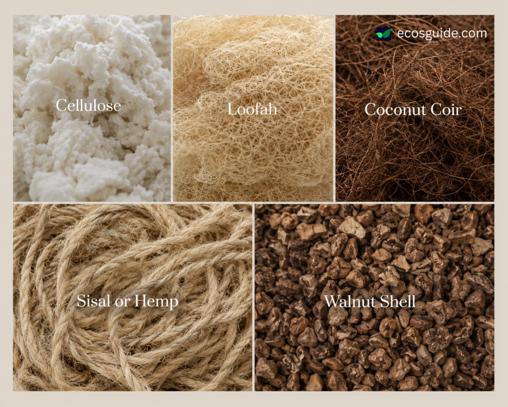Five biodegradable sponge materials labeled, cellulose, loofah, coconut coir, sisal hemp, and walnut shell