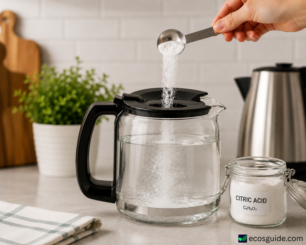 food-grade citric acid dissolving in warm water in a glass carafe
