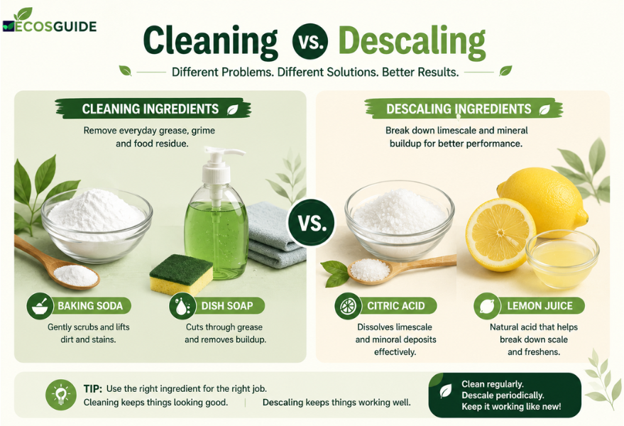 cleaning versus descaling coffee maker chart