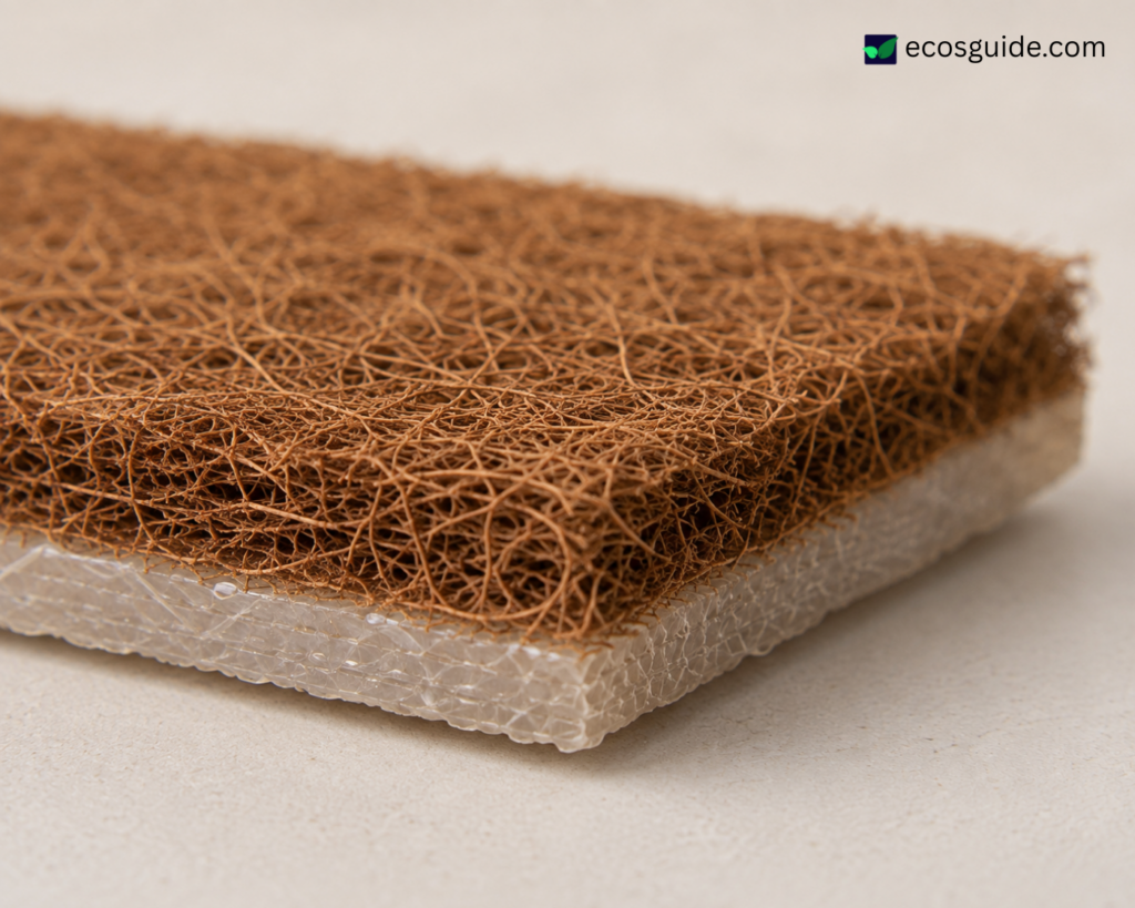 Coconut coir sponge close-up showing hidden plastic binder mesh, a greenwashing example