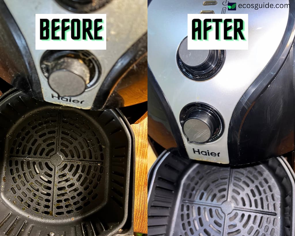 before and after deep cleaning a greasy air fryer basket